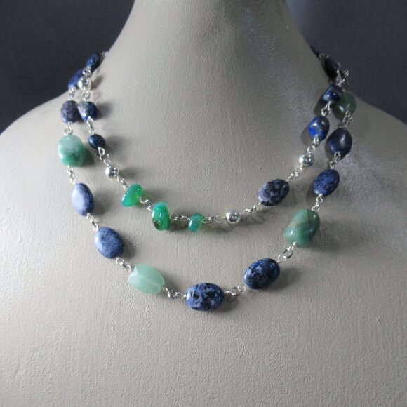 Sodalite, Jade and Iolite Double Wrap Necklace, Silver Chain - Picture 2 of 6